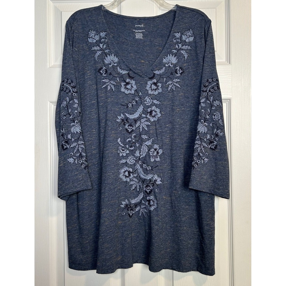 Pure J Jill Embroidered Jersey Tunic Top Large Blue 3/4 Sleeve Boho Soft - Picture 2 of 11